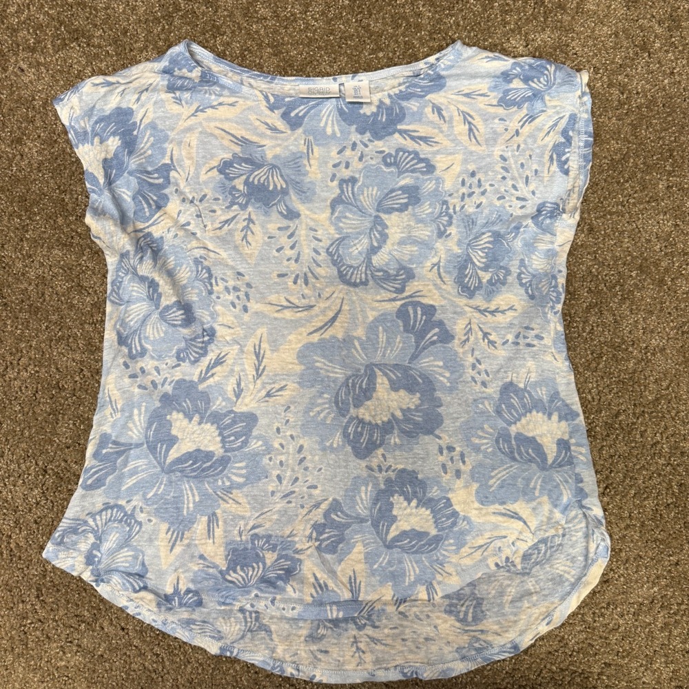 Sigrid Olsen Linen Blouse Womens Small Blue Vinyl Floral Cap Sleeve High Low Hem